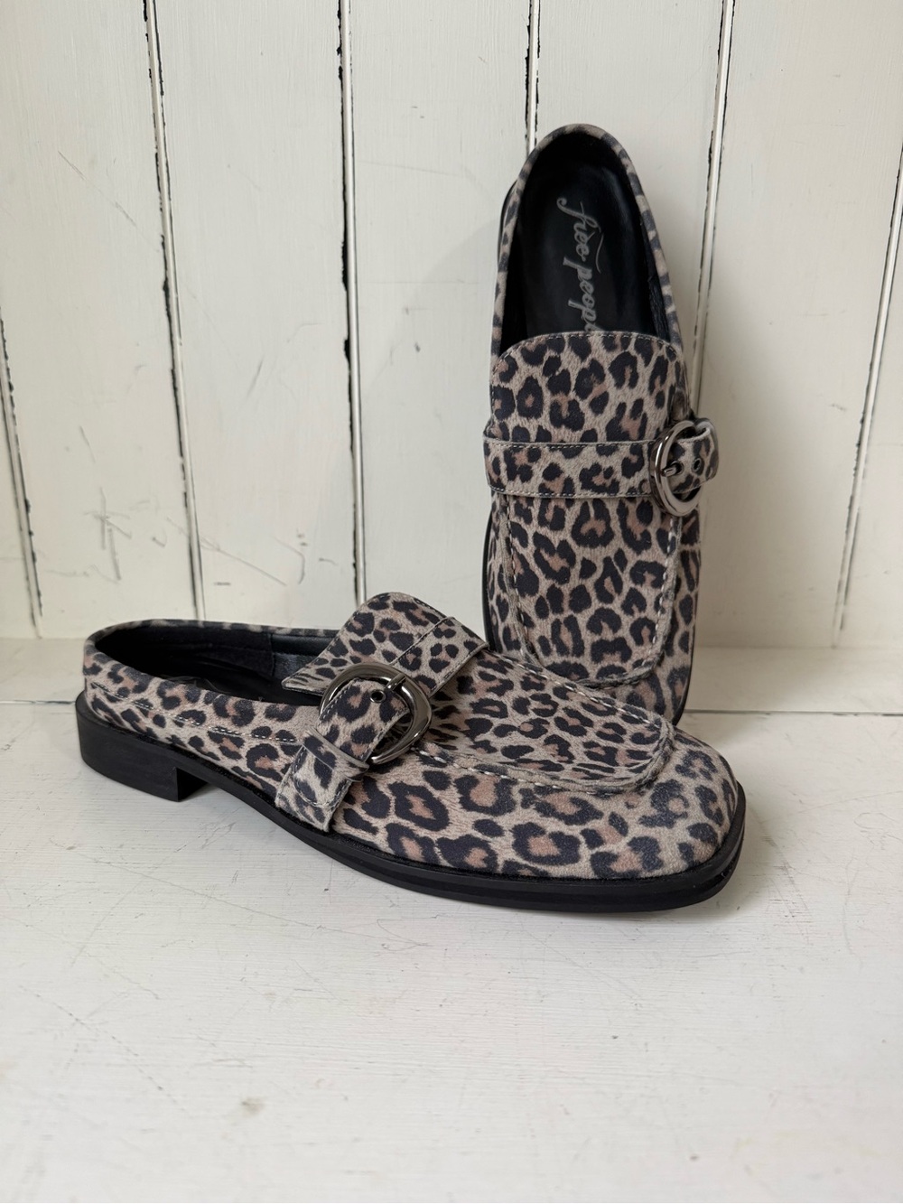 FREE PEOPLE Mazie Mule NWOT Leopard Print Suede Leather Buckle Shoes